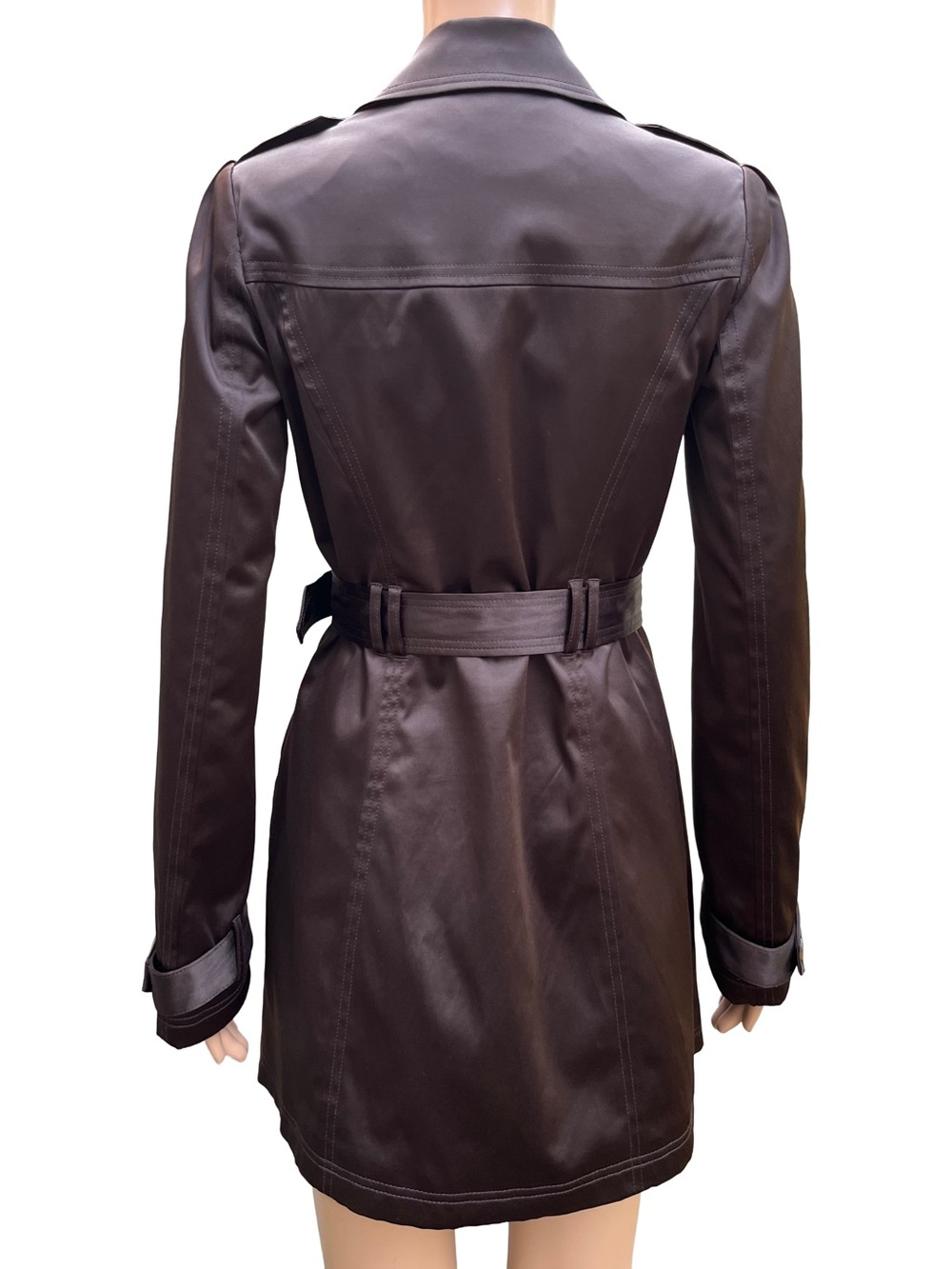 Suzy Chocolate Brown Sateen Belted Trench Coat S - Picture 4 of 11